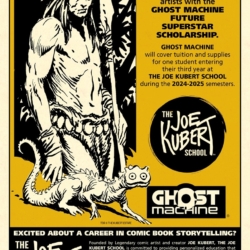 Joe Kubert drawing on poster about Ghost Machine / Kubert School scholarship