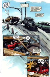 Comixology Originals She's Running on Fumes issue 1 interior page 5 writer Dennis Hopeless artist Tyler Jenkins water colors by Hilary Jenkins lettering by Hassan Otsame-Elhau