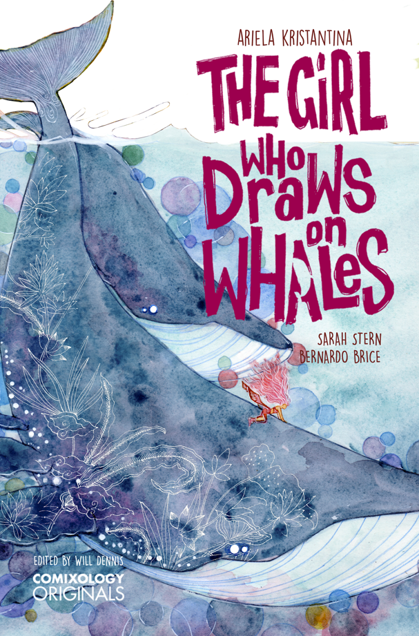 graphic novel cover; two blue whales in the water; foreground whale has white floral drawings on it; the image appears to be watercolor; Ariela Kristantina, The Girl Who Draws on Whales