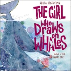 cropped square version - graphic novel cover; two blue whales in the water; foreground whale has white floral drawings on it; the image appears to be watercolor; Ariela Kristantina, The Girl Who Draws on Whales