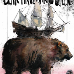 Bear Pirate Viking Queen trade paperback cover; scribbly marker style text; a crown scribbled at the top; creators Sean Lewis and Jonathan Marks Barravecchia; title; a pirate ship on top of a bear's back standing in the water; watercolor wet-on-wet with splattered India ink style