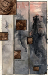 interior page of 3 vertical panels showing a squiggly silhouette of a man sinking in water and the bear swimming under the water;