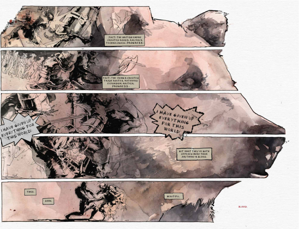 a double page spread showing an example of how the panels in this book are often never minimalistic; the larger outline and background coloring of the pages is the Bear while the action people people is divided in 5 segments on top of the Bear as their background.