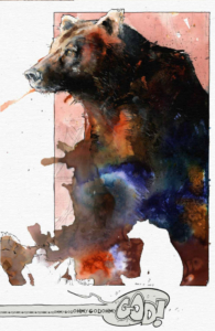 interior page; a giant bear with splattered watercolors and ink; caption from previous page is stretched over to this right side page.