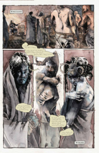 interior page that introduces a mentally insane, nearly skeletal man with the the two blue goddesses