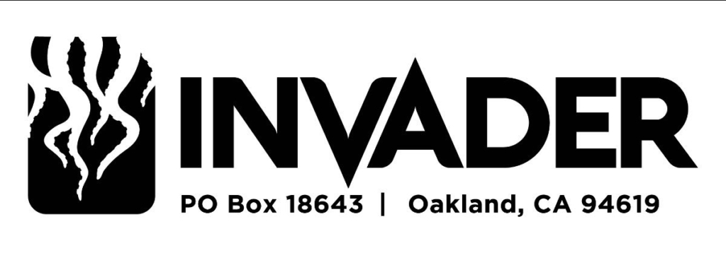 wide banner logo with Invader, their California address, and on the left are tentacles coming down in silhouette