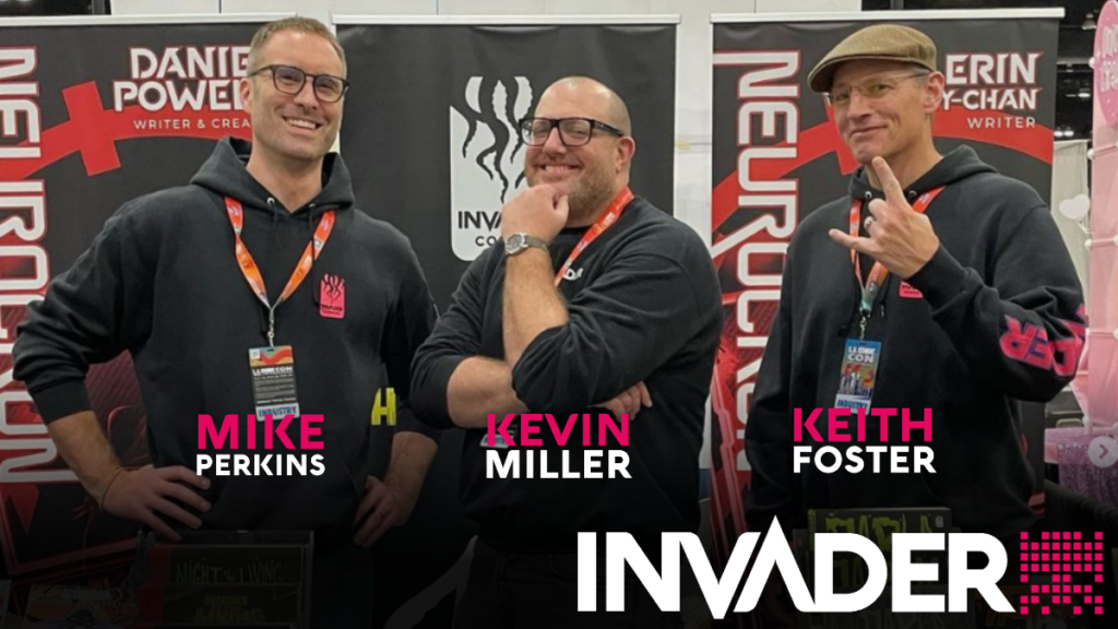 three men at the Invader Comics convention booth: Mike Perkins, Kevin Miller, and Keith Foster