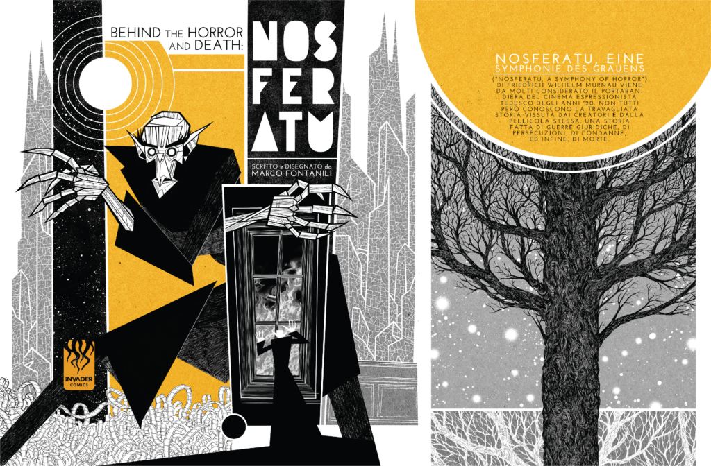 back comic cover of an angular style of the Nosferatu character creeping in a door where the floor is covered in movie reel and the only color is a light orange/amber behind him; a smaller inlaid black and white sketch of the vampire at a window; A tree with no leaves against a grey sky with white snow falling and a half circle of the pale orange/amber color filled with text at the top.