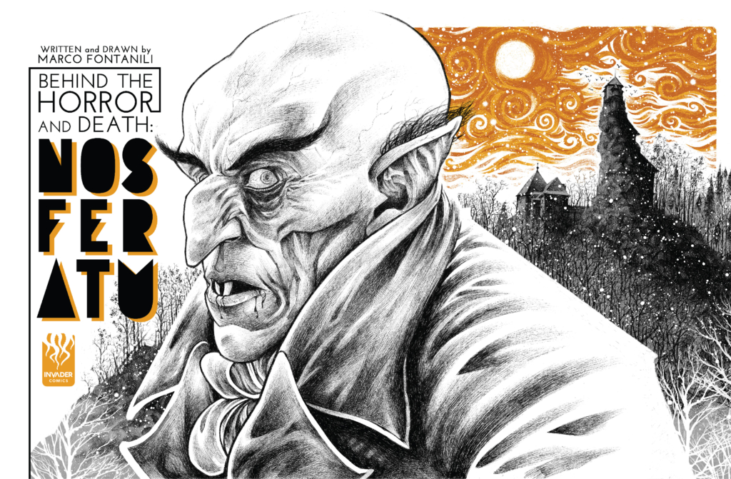 comic cover of Behind the Horror and Death: Nosferatu by Marco Fontanili; pencil sketch profile of the scary vampire from the classic film in front of a hill with a castle; the sky is orange in swirls reminiscent of Van Gogh's "Starry Night".