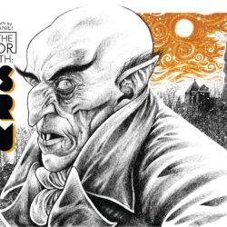 comic cover of Behind the Horror and Death: Nosferatu by Marco Fontanili; pencil sketch profile of the scary vampire from the classic film in front of a hill with a castle; the sky is orange in swirls reminiscent of Van Gogh's "Starry Night".