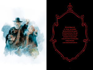 interior page spread; panels on the left page, red text in an outline of a medallion on black background on the right; old man, young woman, small child in snow as they give the hand gesture of the "evil eye".