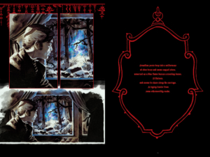 interior page spread; panels on the left page, red text in an outline of a medallion on black background on the right; looks like Jonathan Harker inside the stage coach