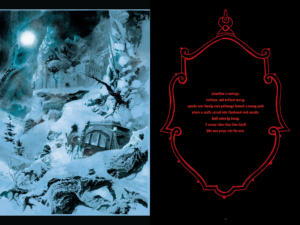 interior page spread; panels on the left page, red text in an outline of a medallion on black background on the right; horse drawn stage coach going through mountains