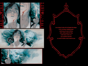 interior page spread; panels on the left page, red text in an outline of a medallion on black background on the right; Jonathan Harker cuts himself shaving and Dracula notices the blood.