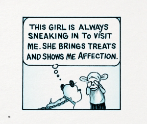 A little girl stands crying in front of the chained up dog. Dog thought: This girl is always sneaking in to visit me. She brings treats and shows me affection.