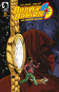 cover issue 1 Dudley Datson and the Forever Machine (shows Dudley running in a small version of himself; extra large foreground of the watch; extra large evil villain in background)