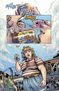 chubby white, blonde woman is eating a donut and drinking a can of diet soda when she sees something that stops her.