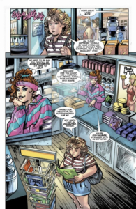 full colored and lettered version of interior page 5; white, thin employee talking to chubby white customer in the shop filled with posters and products to make you thin.