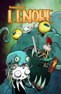 Lenore with a monster on her head while another big monster is holding a strange child wearing a Roman soldier helmet