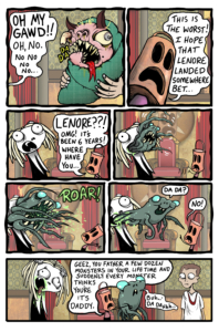 interior page of Lenore the Time War; seven panels of a monster baby and the a tentacle monster coming out of Lenore's mouth