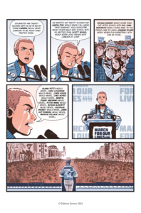 interior comic book page a teen with closely shaved hair speaks at the podium during March for Our Lives against gun violence