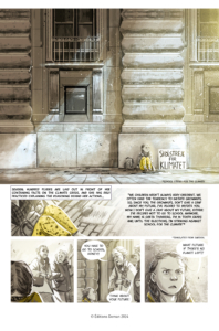 interior page with a muted watercolor and wash palette as a young Greta Thunberg sits against a cold stone building. Only her yellow pants are vibrant. Two old women walk by and speak to her.