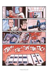 interior comic page showing another active school shooting with a palette in shades of red and blue