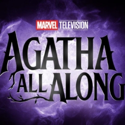 Agatha All Along Marvel Television logo font looks like branches against a purple mist background of Agatha's signature magic; All images ©Disney.