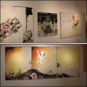 Top image: three of McDonnell's Marvel comics paintings Bottom image: a triptych of paintings with Marvel's The Watcher in the center