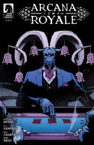 Arcana Royale comic book cover showing a horned goat like demon in a fancy suit at a poker table; six bells hang from the curled horns.