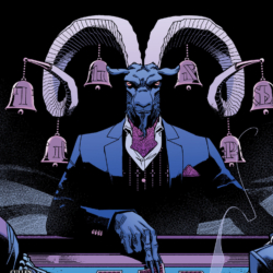 Arcana Royale comic book cover showing a horned goat like demon in a fancy suit at a poker table; six bells hang from the curled horns.