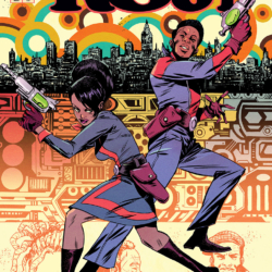 Bitter Roots: The Next Movement comic book cover by Sanford Greene (mod 1960's style of a black woman and a black man holding space-age guns; behind them looks like a border of circuitry; above that is NY city; at the bottom are monochrome images of their ancestors.