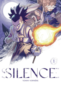 Silence cover Saber, a young boy, holding a torch in one hand and holding up his finger to his mouth (be quiet) with the other hand; various people behind him.