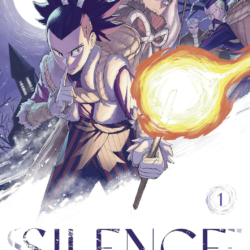 Silence cover Saber, a young boy, holding a torch in one hand and holding up his finger to his mouth (be quiet) with the other hand; various people behind him.